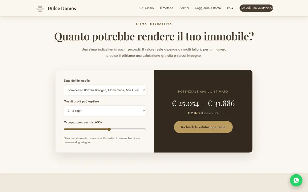 Calcolatore di rendimento: si scelgono zona, numero di ospiti e occupazione e il sito stima il potenziale annuo.