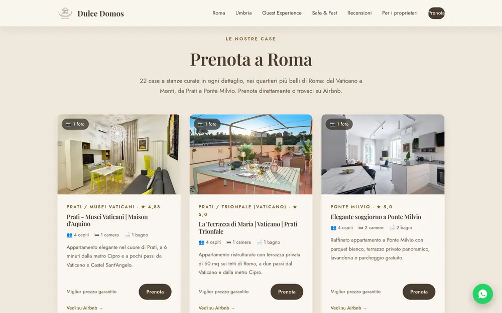 Pagina di prenotazione con le schede delle case a Roma: foto, quartiere, valutazione, ospiti e pulsante Prenota.