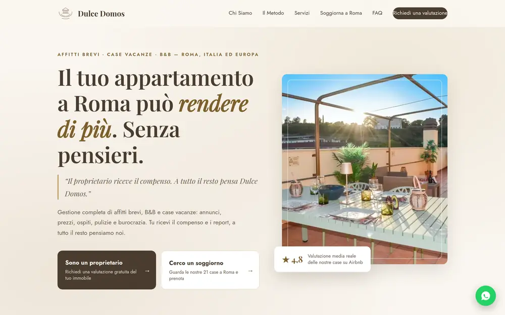 Home page di Dulce Domos: titolo editoriale, foto di una terrazza a Roma e due pulsanti per proprietari e ospiti.
