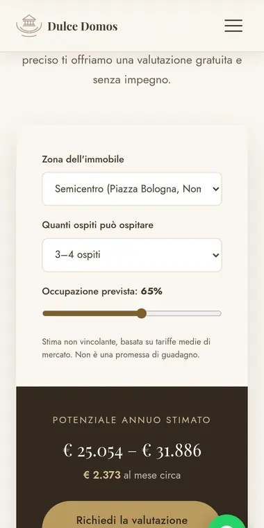 Calcolatore di rendimento su smartphone, con il risultato in evidenza su fondo scuro.