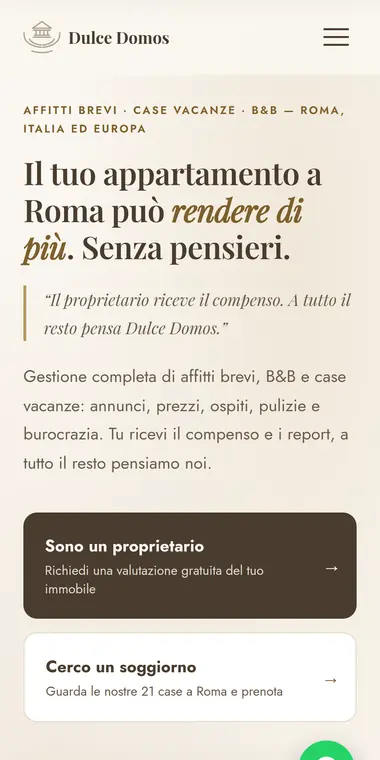Home di Dulce Domos su smartphone: titolo, citazione e i due pulsanti principali.